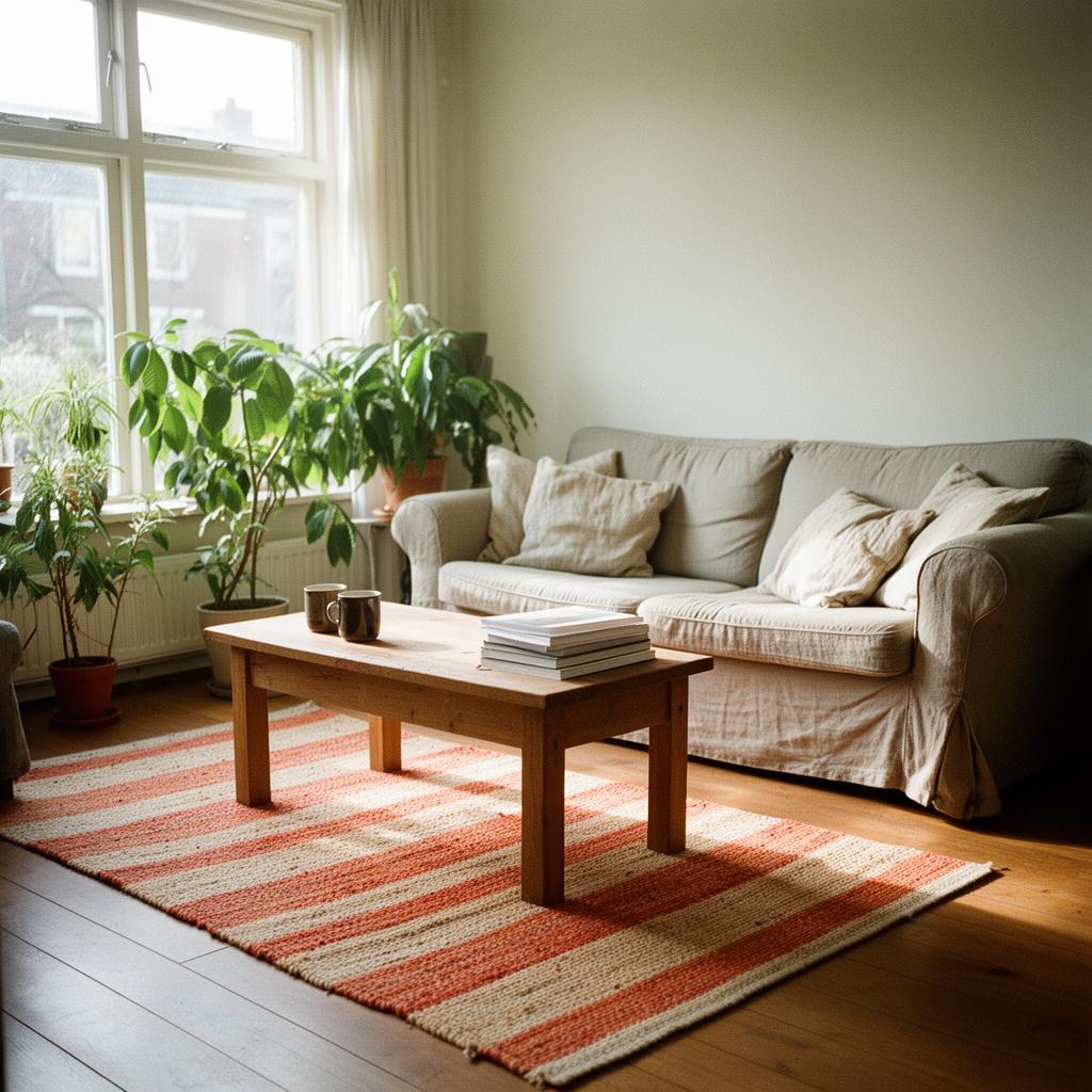 Een zonnige gedeelde woonkamer met houten meubels en planten